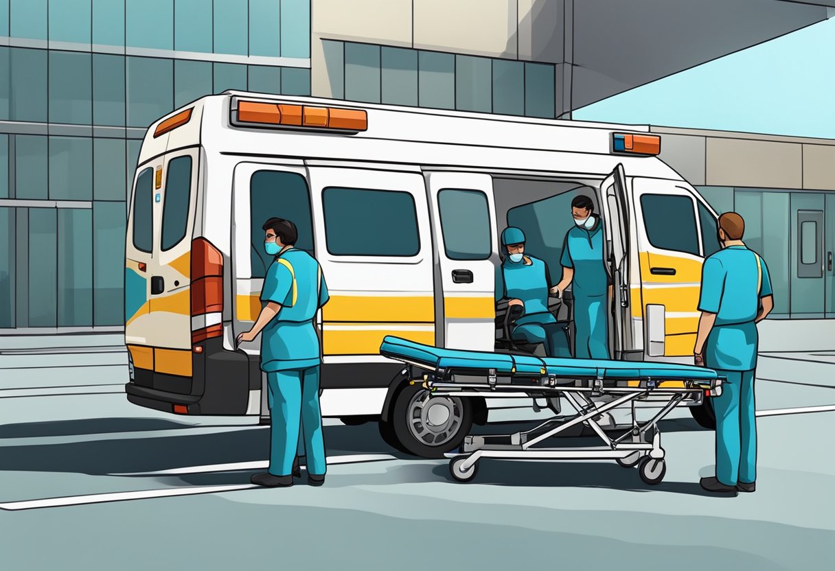 Uma van de transporte médico estacionada do lado de fora de um hospital, com uma maca sendo carregada por dois paramédicos.