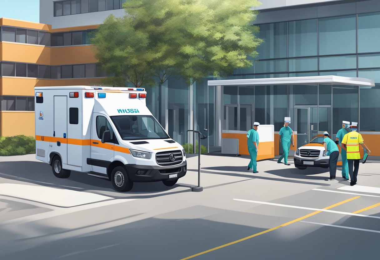 Uma ambulância moderna e limpa estacionada do lado de fora de um hospital, com paramédicos carregando equipamentos médicos no veículo.