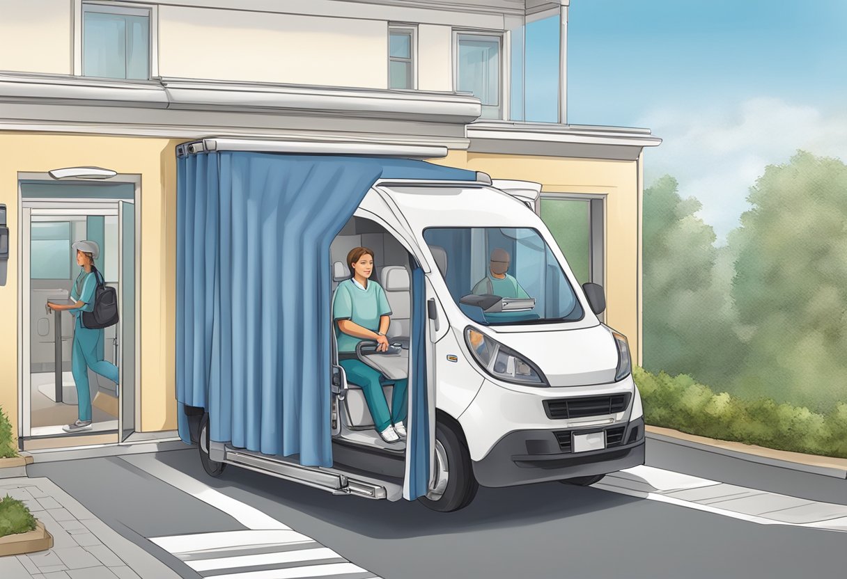 Um paciente sendo transportado em um veículo personalizado, com cortinas de privacidade e comodidades personalizadas para conforto e cuidado.