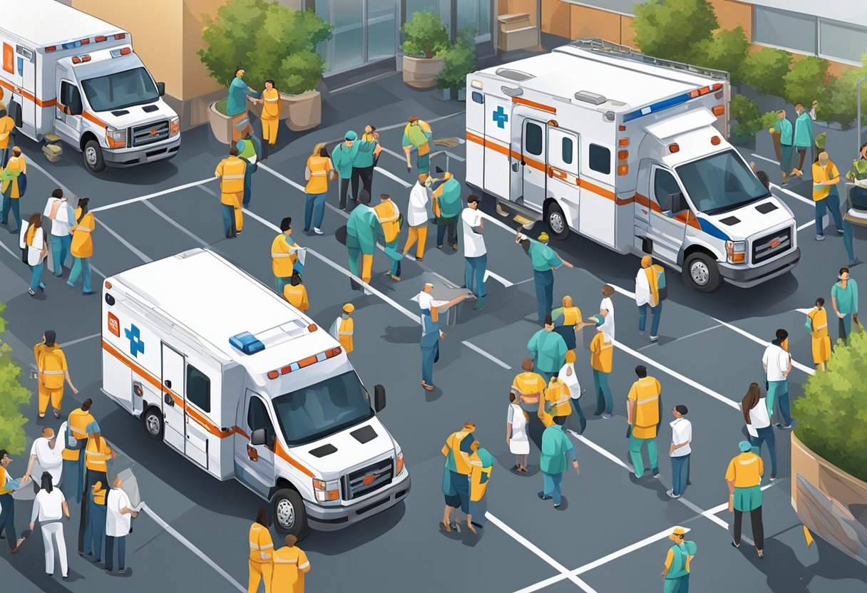 Um grupo de ambulâncias e equipe de planejamento de eventos coordena o transporte de pacientes em um local de evento movimentado.