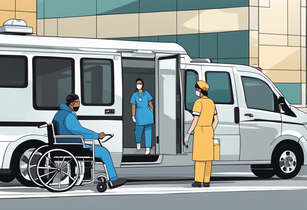 Um veículo de transporte médico estacionado do lado de fora de um hospital, com um motorista ajudando um paciente a entrar no veículo enquanto uma enfermeira observa.