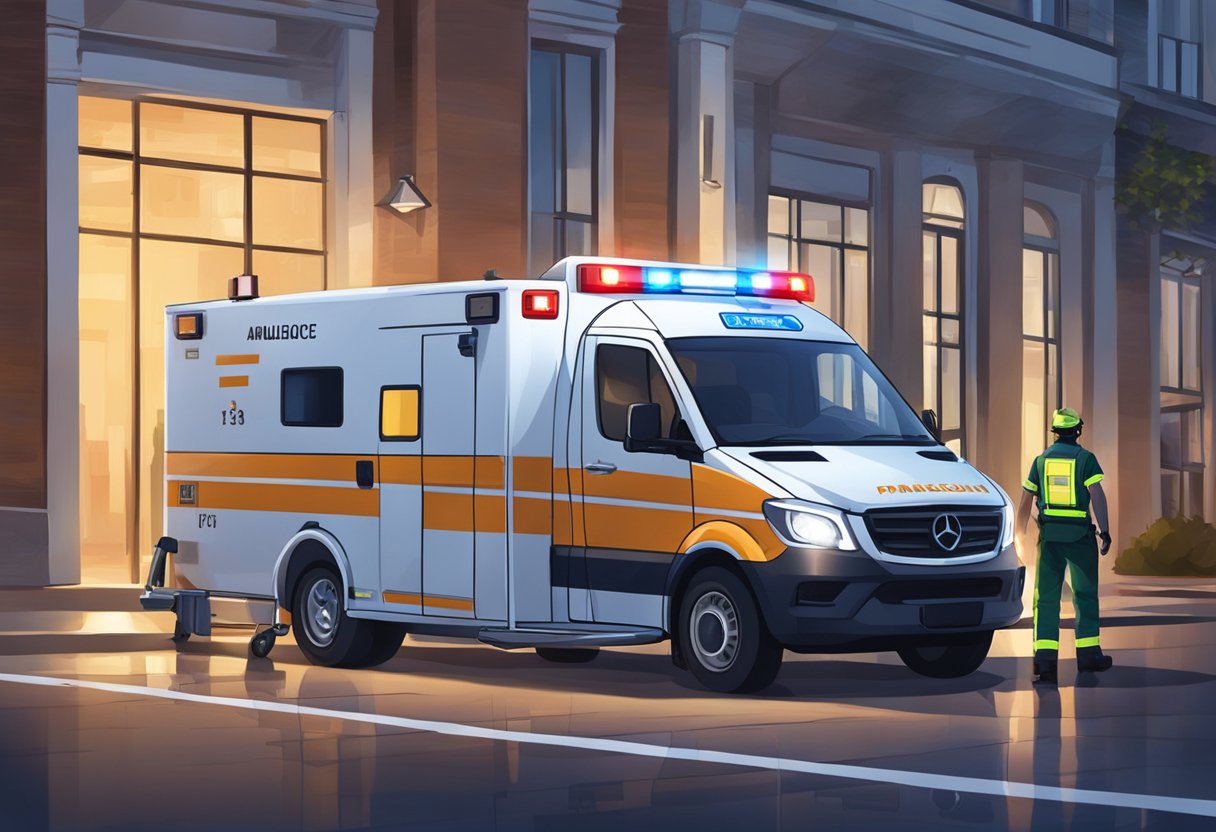 Contratar Ambulância: Guia Essencial para Serviços de Emergência 1 Uma ambulância particular estacionou do lado de fora de um prédio com suas luzes piscando, enquanto um paramédico carrega uma maca em direção à entrada.