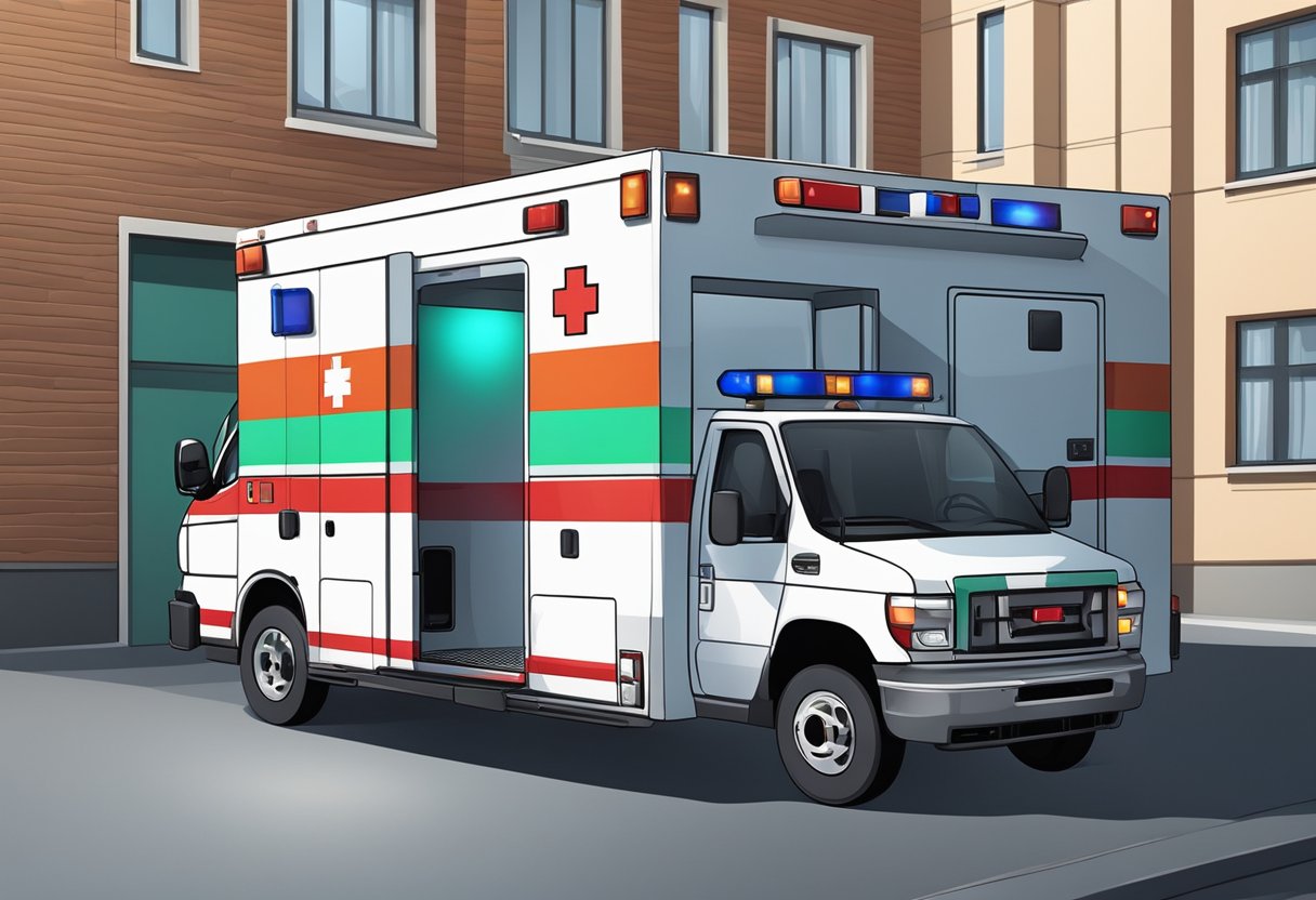 Contratar Ambulância: Guia Essencial para Serviços de Emergência 2 Uma ambulância estacionada do lado de fora de um prédio, com as luzes piscando e as portas traseiras abertas, pronta para fornecer serviços médicos particulares.