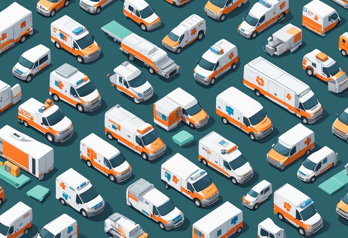 Contratar Ambulância: Guia Essencial para Serviços de Emergência 3 Uma fila de ambulâncias alinhadas, cada uma equipada com diferentes dispositivos e suprimentos médicos, prontas para serem despachadas.