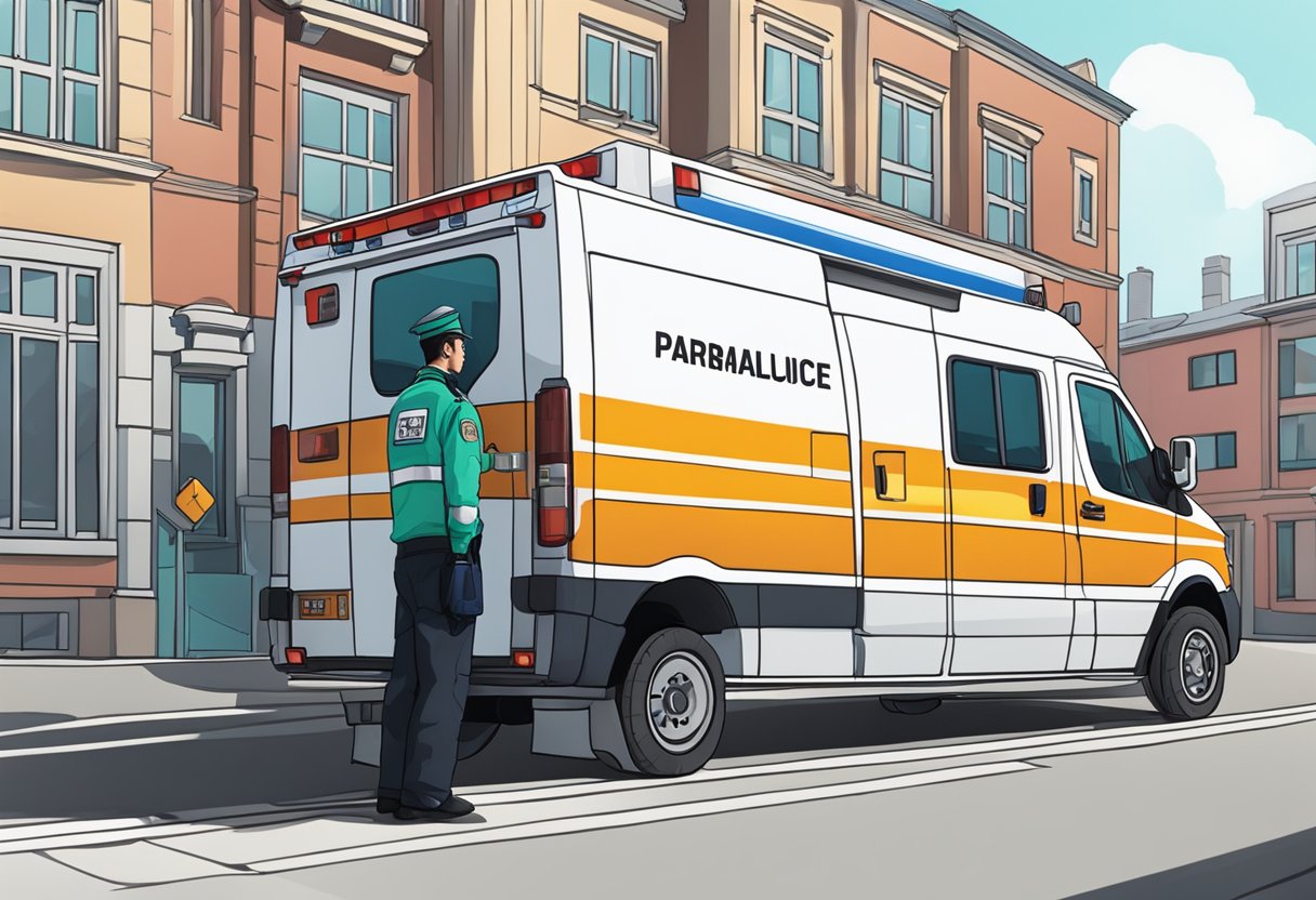 Contratar Ambulância: Guia Essencial para Serviços de Emergência 4 Uma ambulância particular estacionada do lado de fora de um prédio, com um paramédico ao lado, pronto para ajudar.