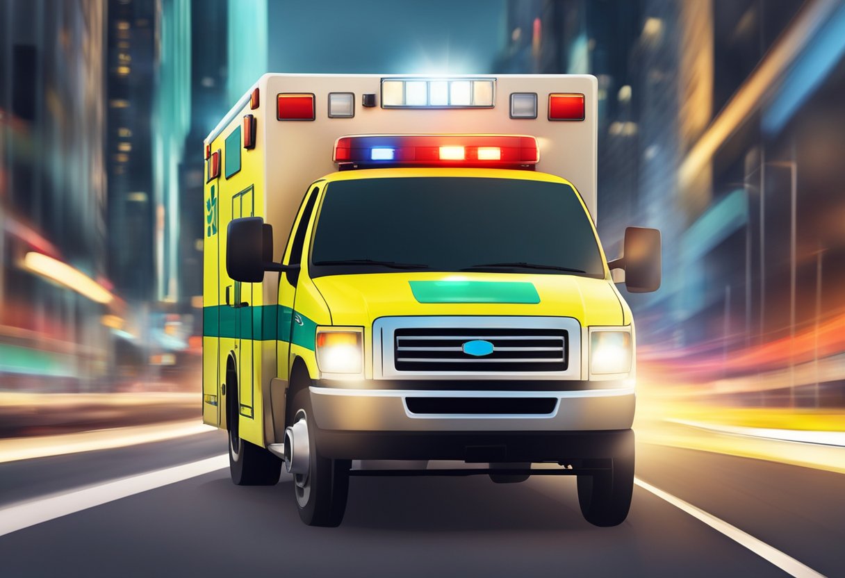Contratar Ambulância: Guia Essencial para Serviços de Emergência 5 Uma ambulância acelerando pelo trânsito com luzes piscando e sirenes