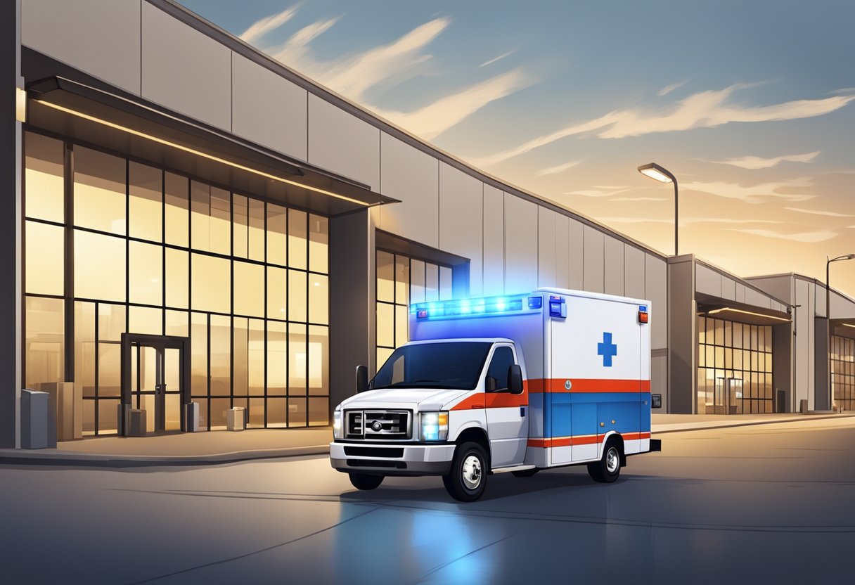 Contratar Ambulância: Guia Essencial para Serviços de Emergência 6 Uma ambulância estacionada do lado de fora de um centro de logística e operações, com luzes de emergência piscando e equipamentos médicos visíveis através das janelas.