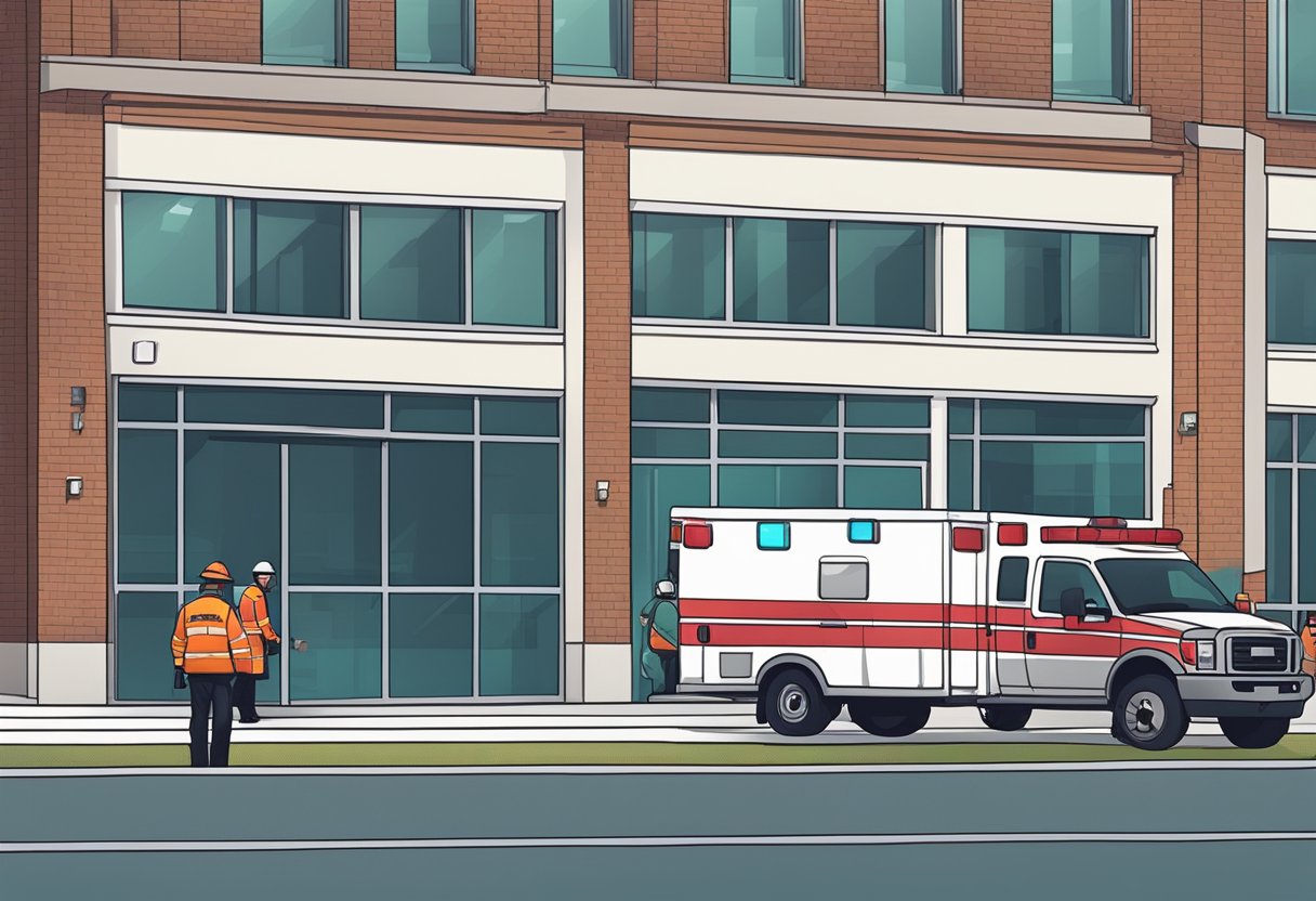 Contratar Ambulância: Guia Essencial para Serviços de Emergência 7 Uma ambulância estacionada do lado de fora de um prédio, com luzes piscando e paramédicos atendendo a um paciente em uma maca.