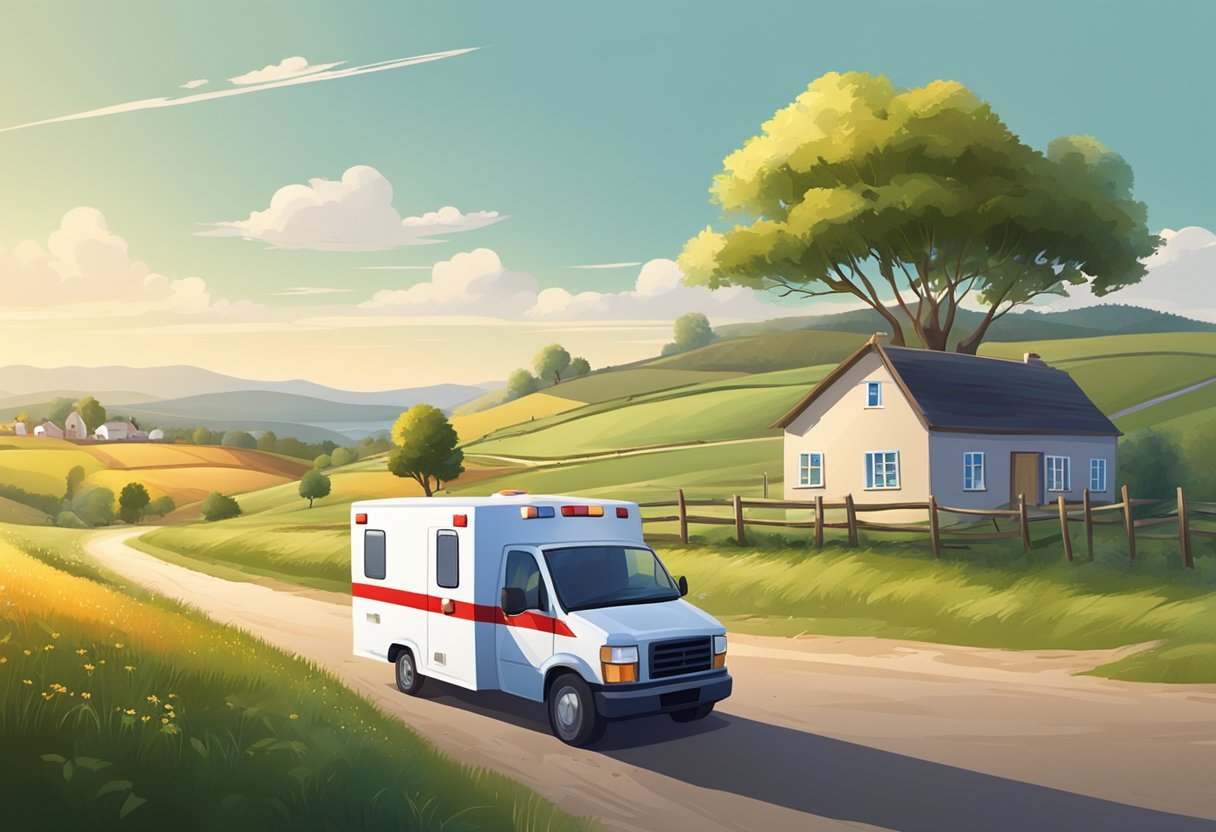 Contratar Ambulância: Guia Essencial para Serviços de Emergência 8 Uma paisagem rural com uma estrada de terra levando a uma pequena vila, cercada por colinas onduladas e campos. Uma ambulância tradicional está estacionada do lado de fora de uma clínica local.