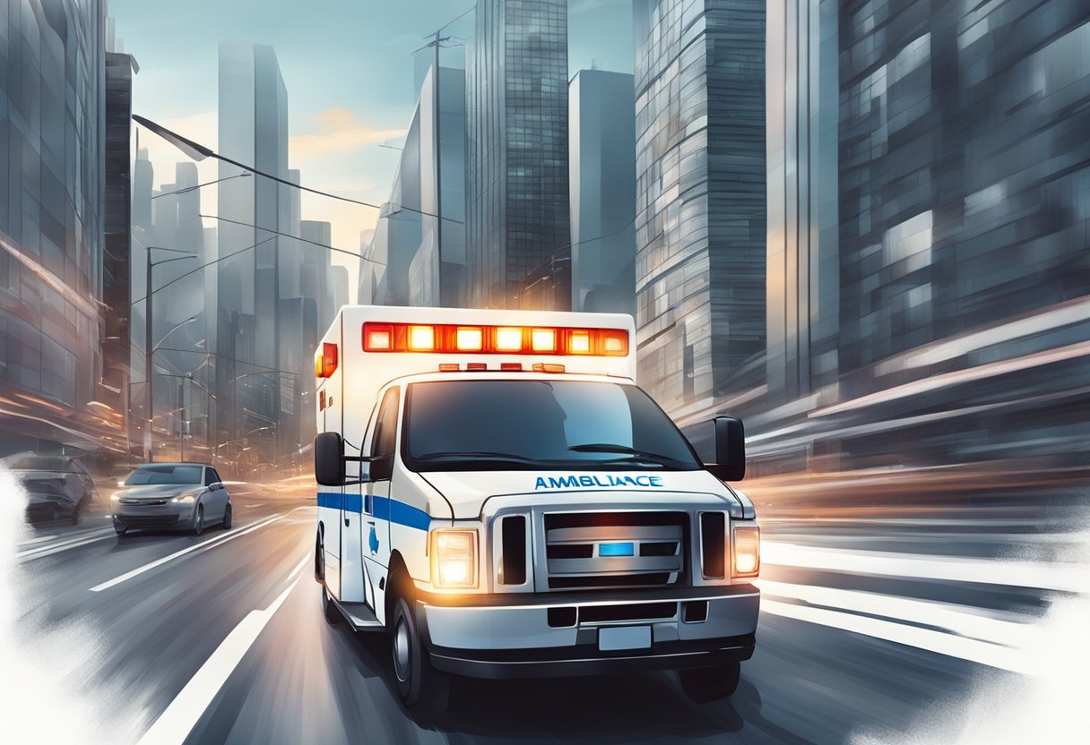 Uma ambulância com luzes piscantes e sirenes passando rapidamente pelas ruas da cidade