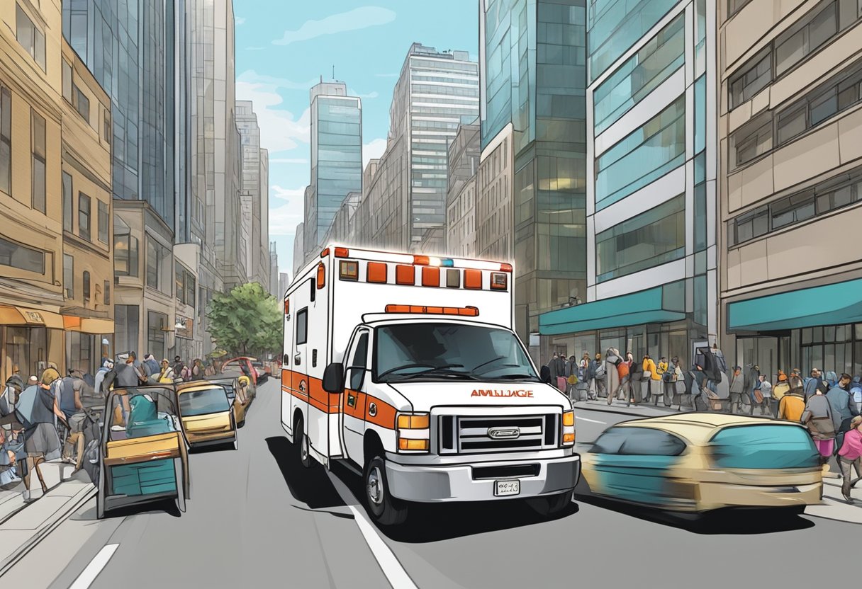 Uma ambulância correndo por uma rua movimentada da cidade, com equipamentos e suprimentos médicos visíveis dentro.