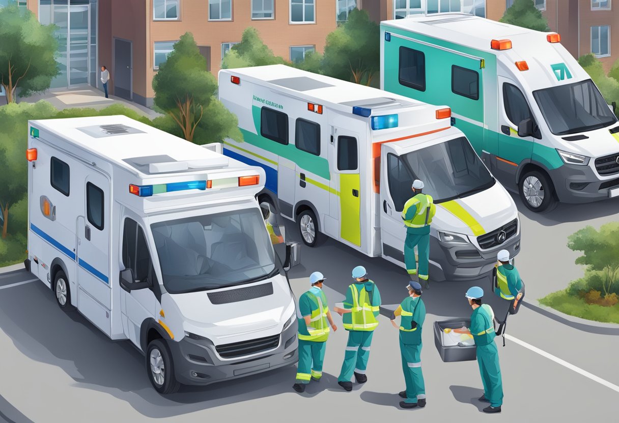 Uma equipe médica especializada carregando ambulâncias para transporte