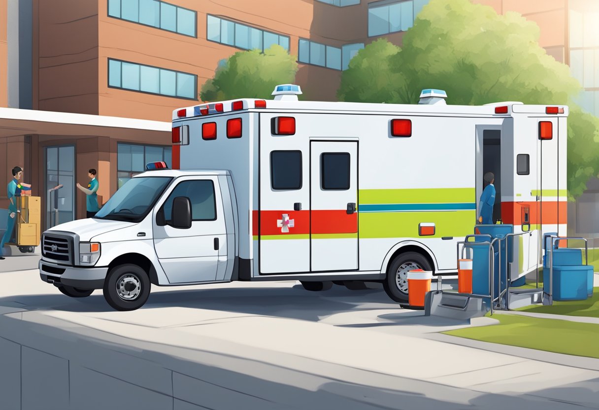 Uma ambulância estacionada do lado de fora de um hospital, com paramédicos descarregando equipamentos médicos para serviços adicionais.