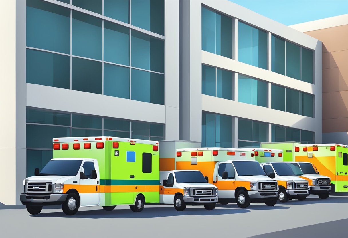 Uma frota de ambulâncias em movimento, carregando e descarregando pacientes em uma unidade médica