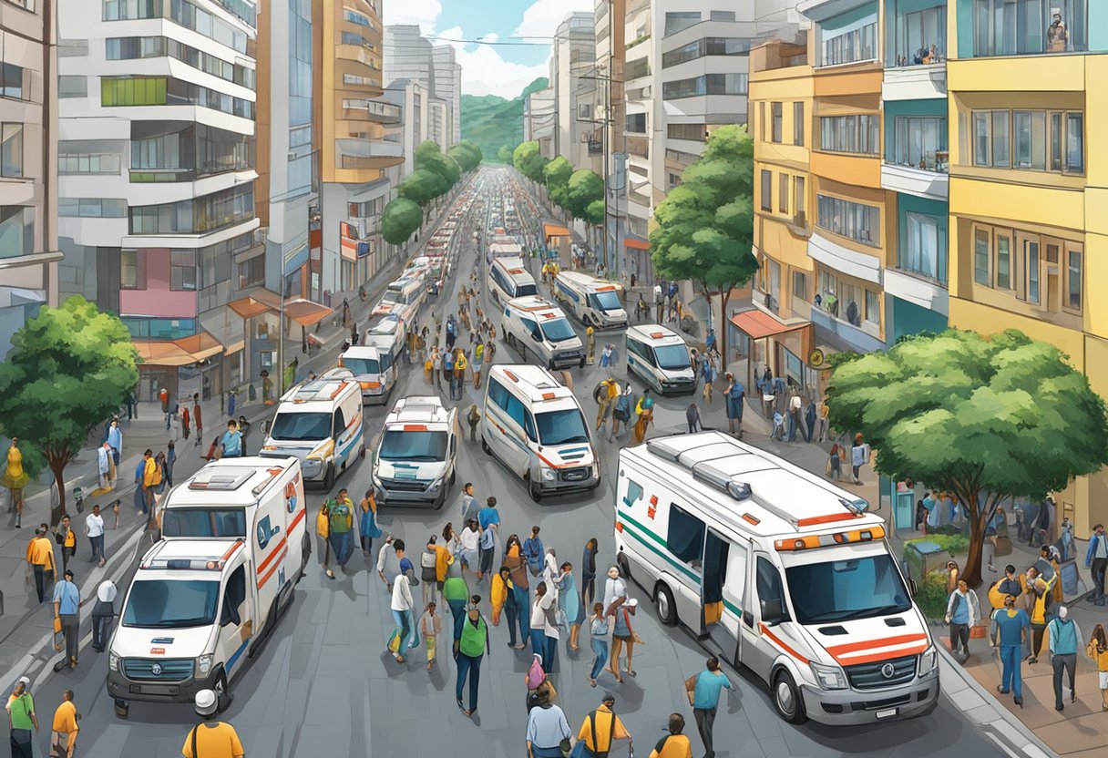Uma rua urbana movimentada com ambulâncias, pessoal médico e cidadãos preocupados em Curitiba, Brasil