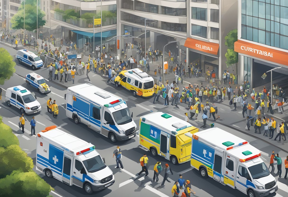 Uma rua movimentada da cidade com ambulâncias e veículos de emergência apressando-se para atender a emergências médicas em Curitiba