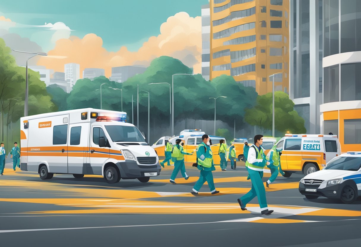 Uma equipe médica correndo para uma cena de emergência em Curitiba, com ambulâncias e pessoal respondendo à situação urgente.