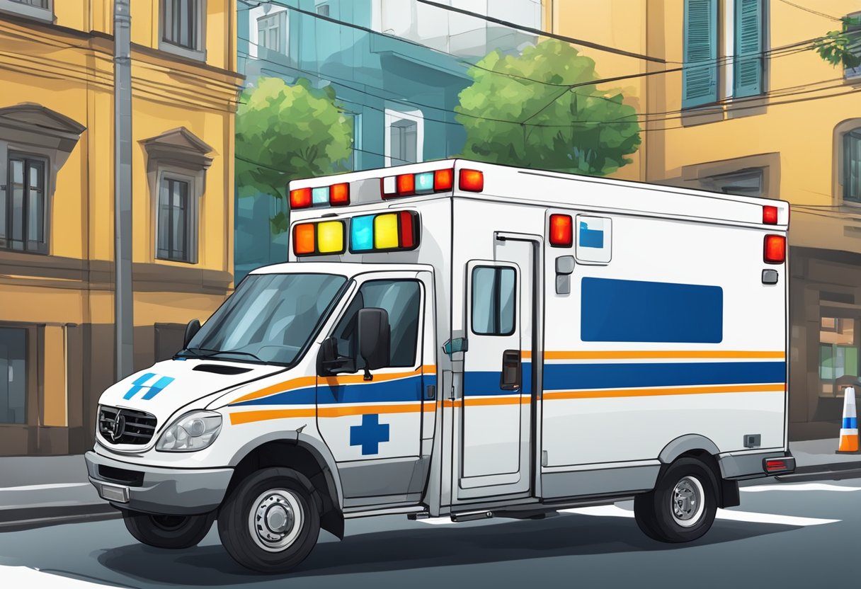 Uma ambulância particular correndo pelas ruas de Curitiba, com suas luzes piscando e sirene soando, a caminho de uma emergência médica.