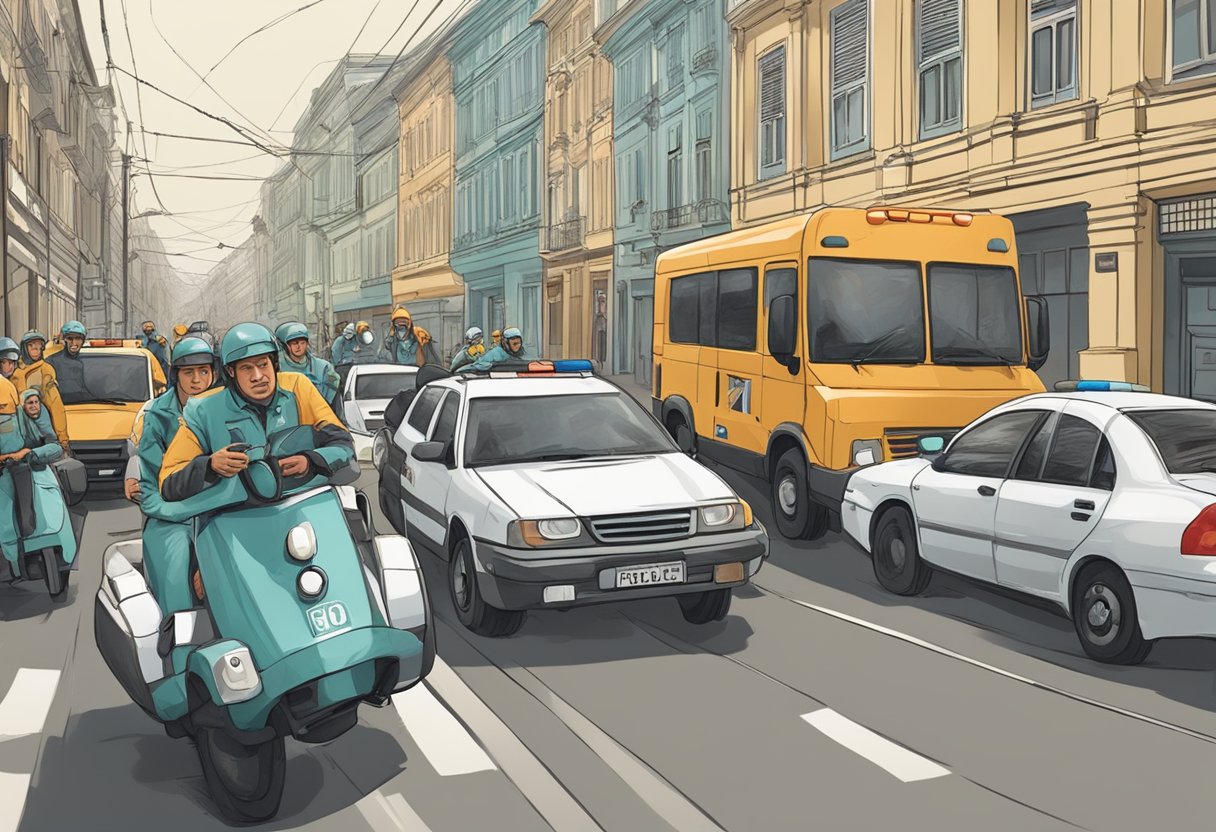 Uma equipe médica corre por uma rua da cidade, com sirenes tocando, enquanto se dirige a uma emergência em Curitiba.