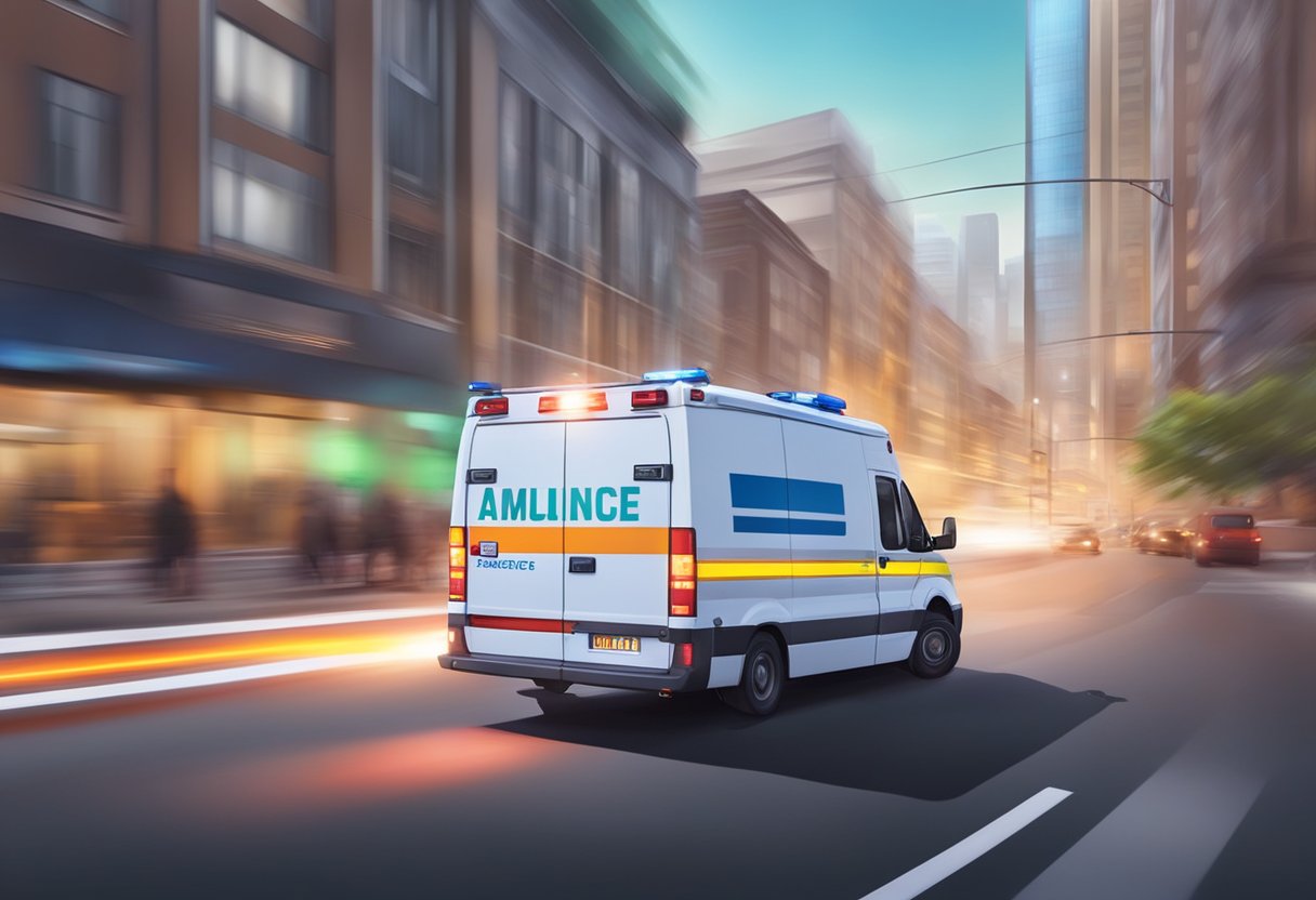Uma ambulância particular acelerando pelas ruas da cidade com luzes piscando e sirenes soando
