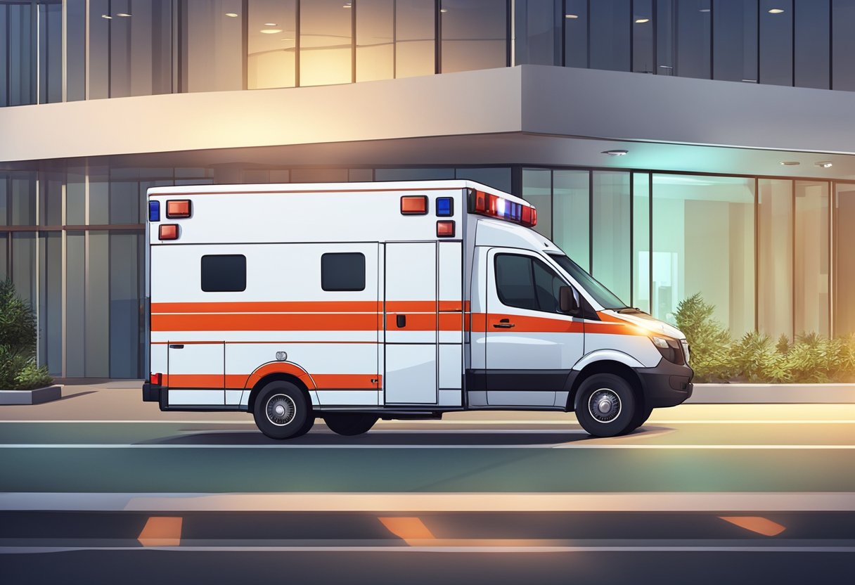 Uma ambulância particular estacionada do lado de fora de uma unidade médica, com suas luzes piscando e a maca visível através das portas traseiras abertas.