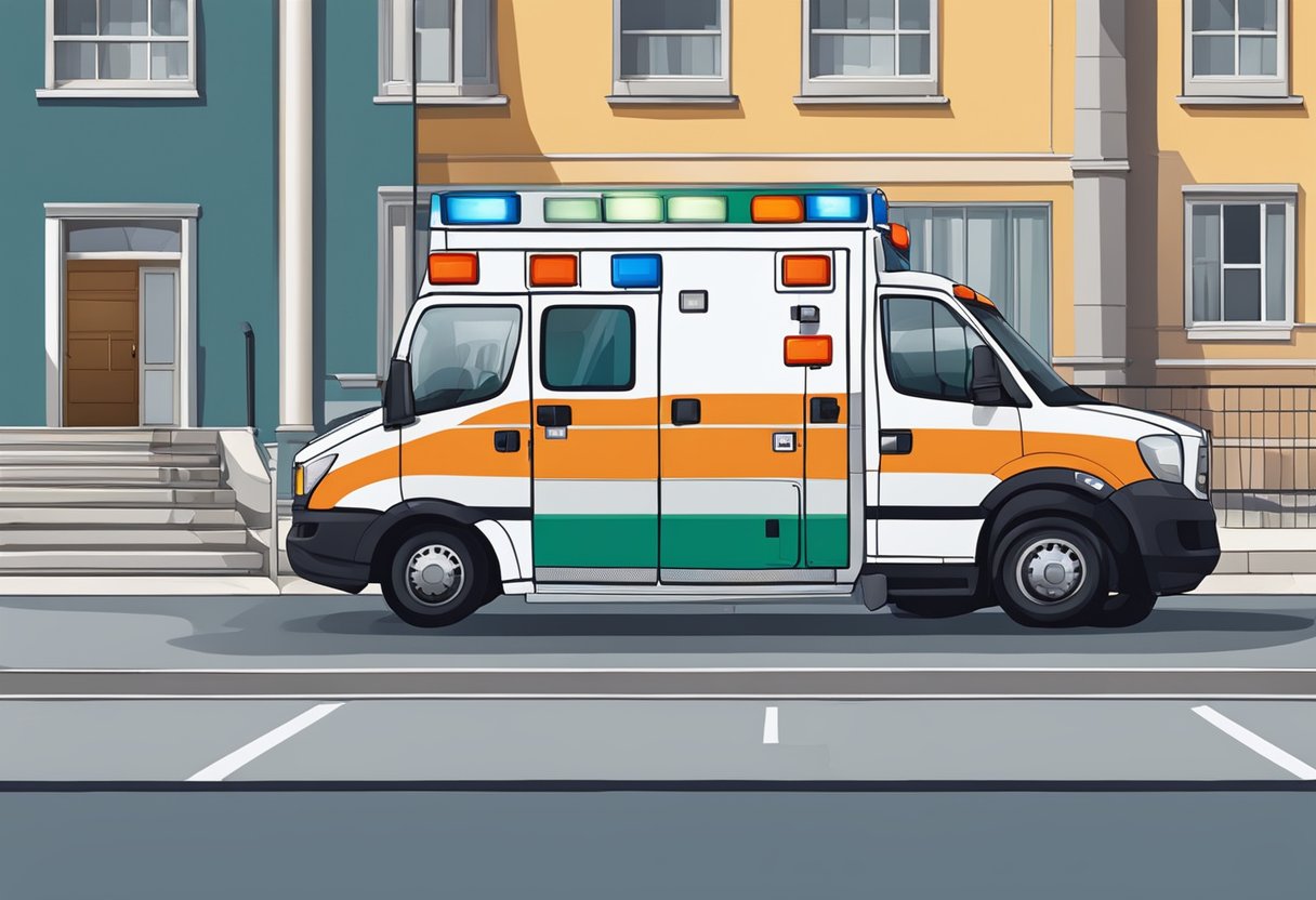 Uma ambulância particular estacionada do lado de fora de um prédio, com os paramédicos carregando equipamentos médicos no veículo.