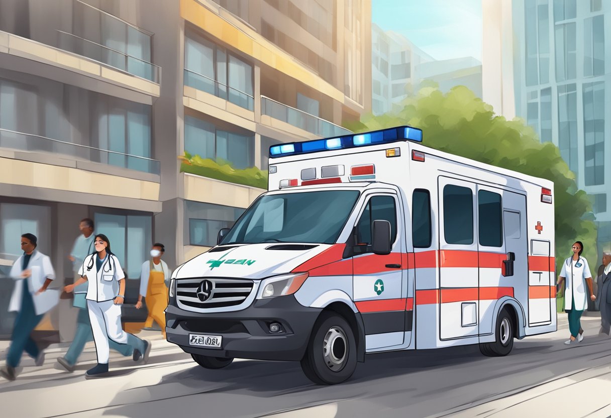 Uma ambulância particular com uma equipe de profissionais de saúde apressando-se para transportar um paciente