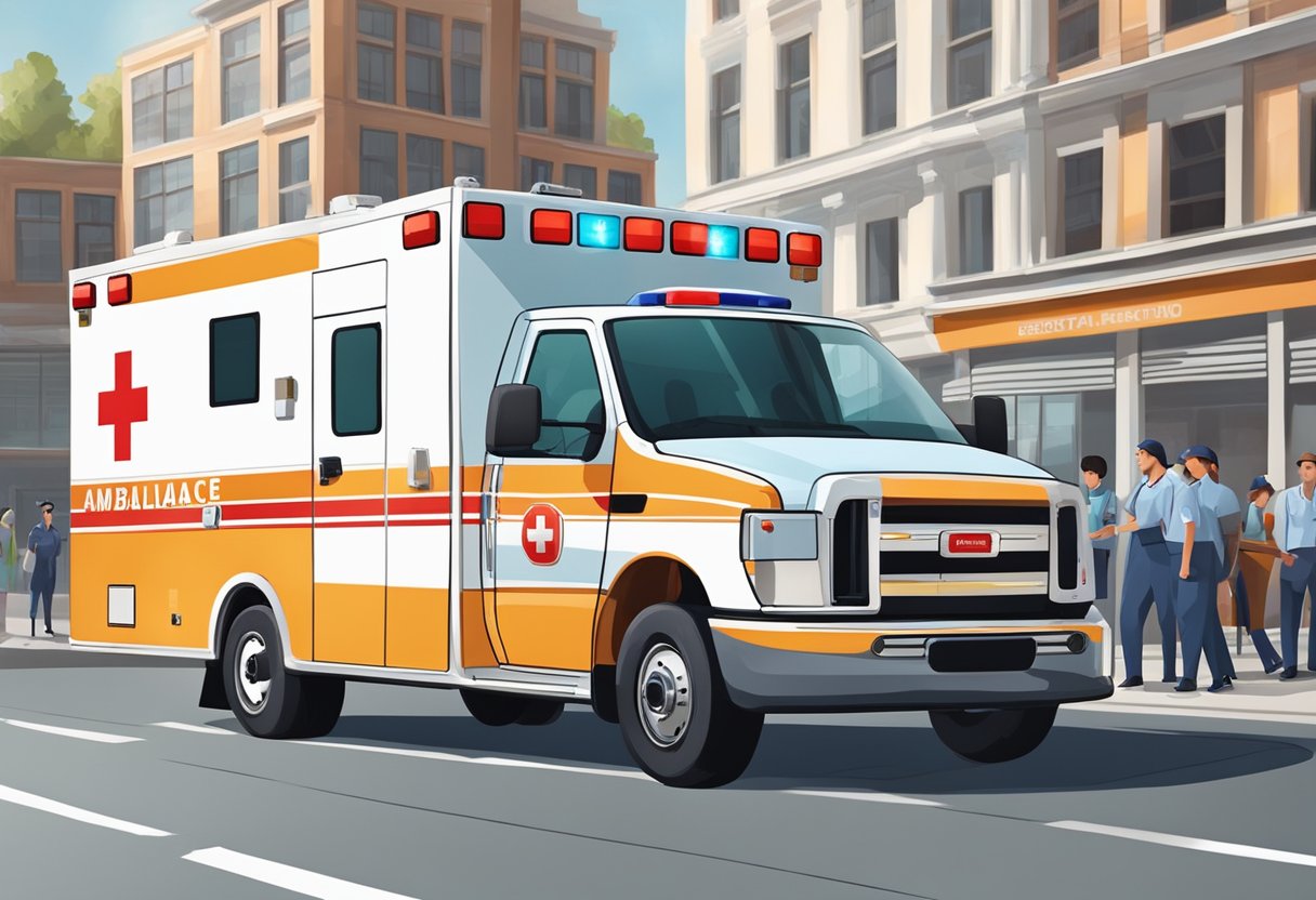 Uma ambulância com certificações e regulamentos oficiais exibidos de forma proeminente no exterior, cercada por uma equipe de profissionais de saúde realizando verificações de segurança e inspeções.