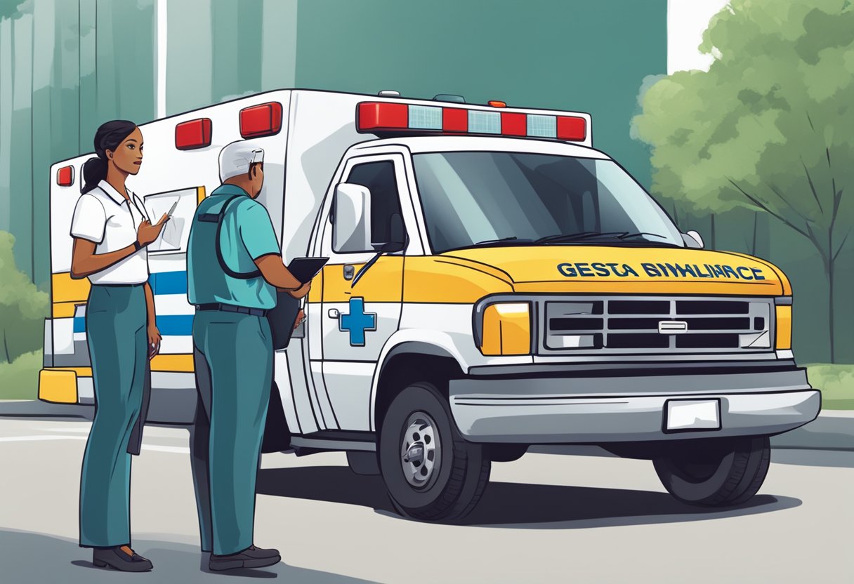 Uma pessoa falando ao telefone, gesticulando para uma ambulância estacionada, com uma prancheta e uma caneta na mão