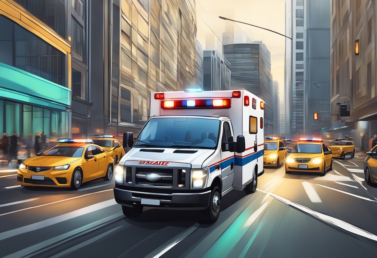 Uma ambulância particular correndo pelo trânsito com luzes piscando e sirenes soando, realizando atendimento pré-hospitalar com urgência e eficiência.