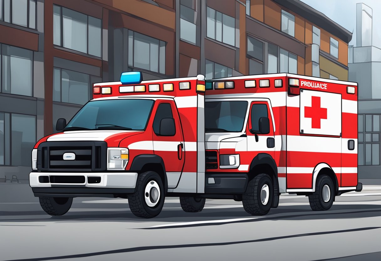 Uma ambulância com uma cruz vermelha na lateral está estacionada ao lado de uma ambulância particular com um logotipo diferente, ambas com as portas abertas.