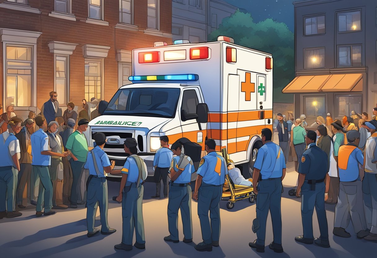 Uma ambulância estacionada perto de um evento lotado, suas luzes piscando enquanto os paramédicos atendem a um paciente em uma maca.
