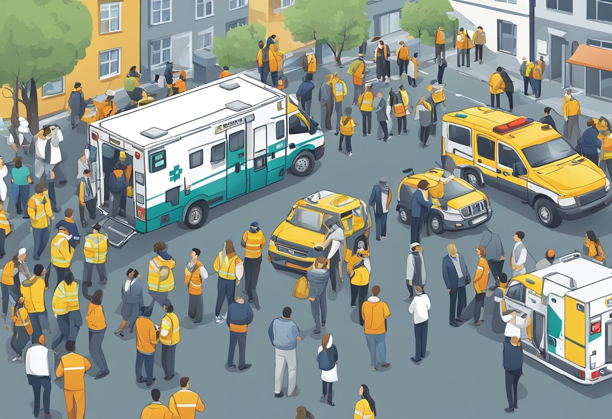 Um grupo de pessoas discutindo e planejando a avaliação de riscos para um evento, com uma ambulância estacionada nas proximidades como medida de segurança.