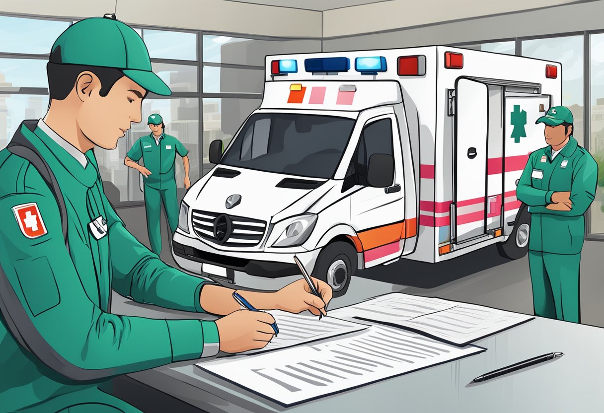 Um representante de uma empresa de serviço de ambulância assinando um contrato com organizadores de eventos para fornecer serviços de ambulância para um próximo evento