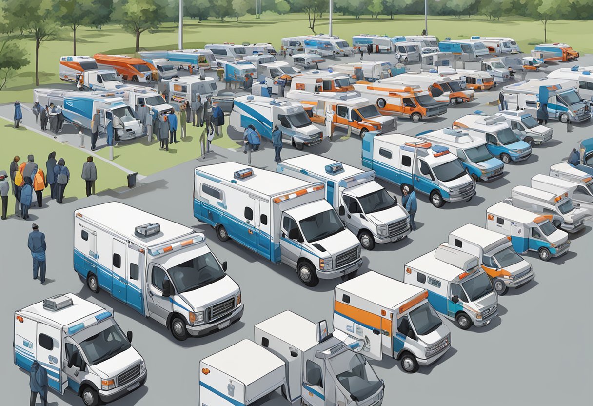 Uma fila de ambulâncias e equipamentos médicos alinhados para um evento