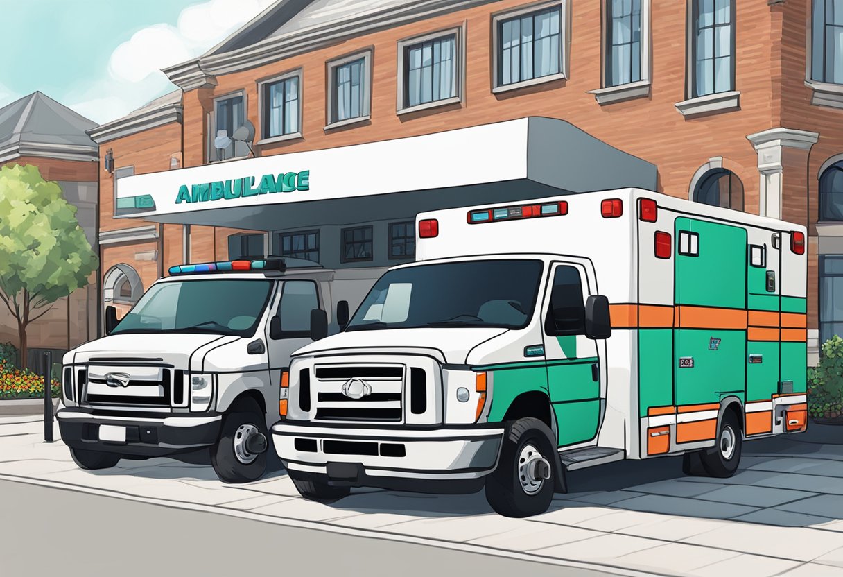 Uma ambulância estacionada do lado de fora de um local de evento, com paramédicos preparando equipamentos médicos.