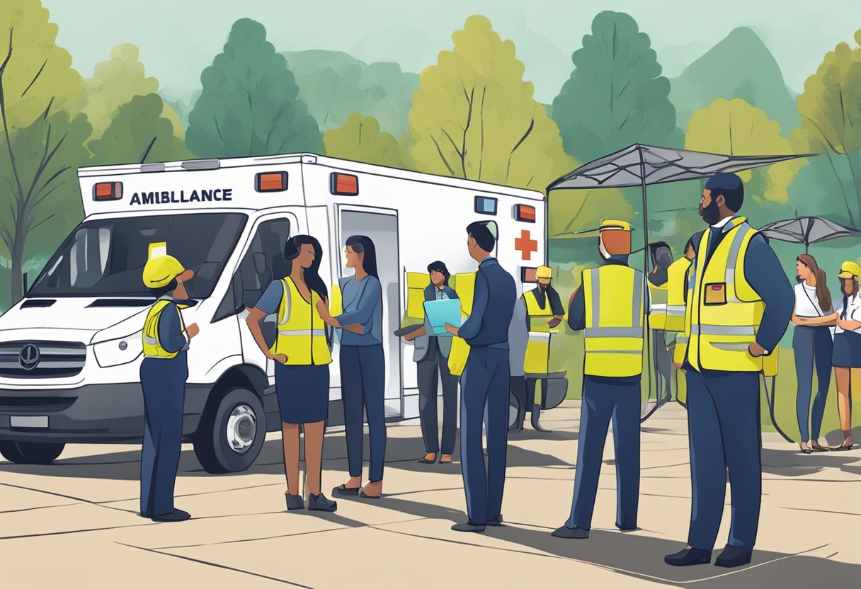 Um grupo de pessoas em um evento ao ar livre discutindo e negociando a contratação e o custo de uma ambulância para o evento.