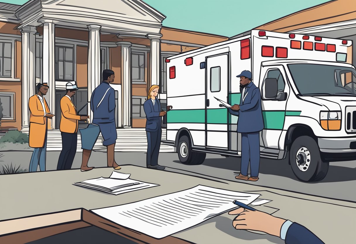 Um contrato sendo assinado entre duas pessoas na frente de uma ambulância em um local de evento