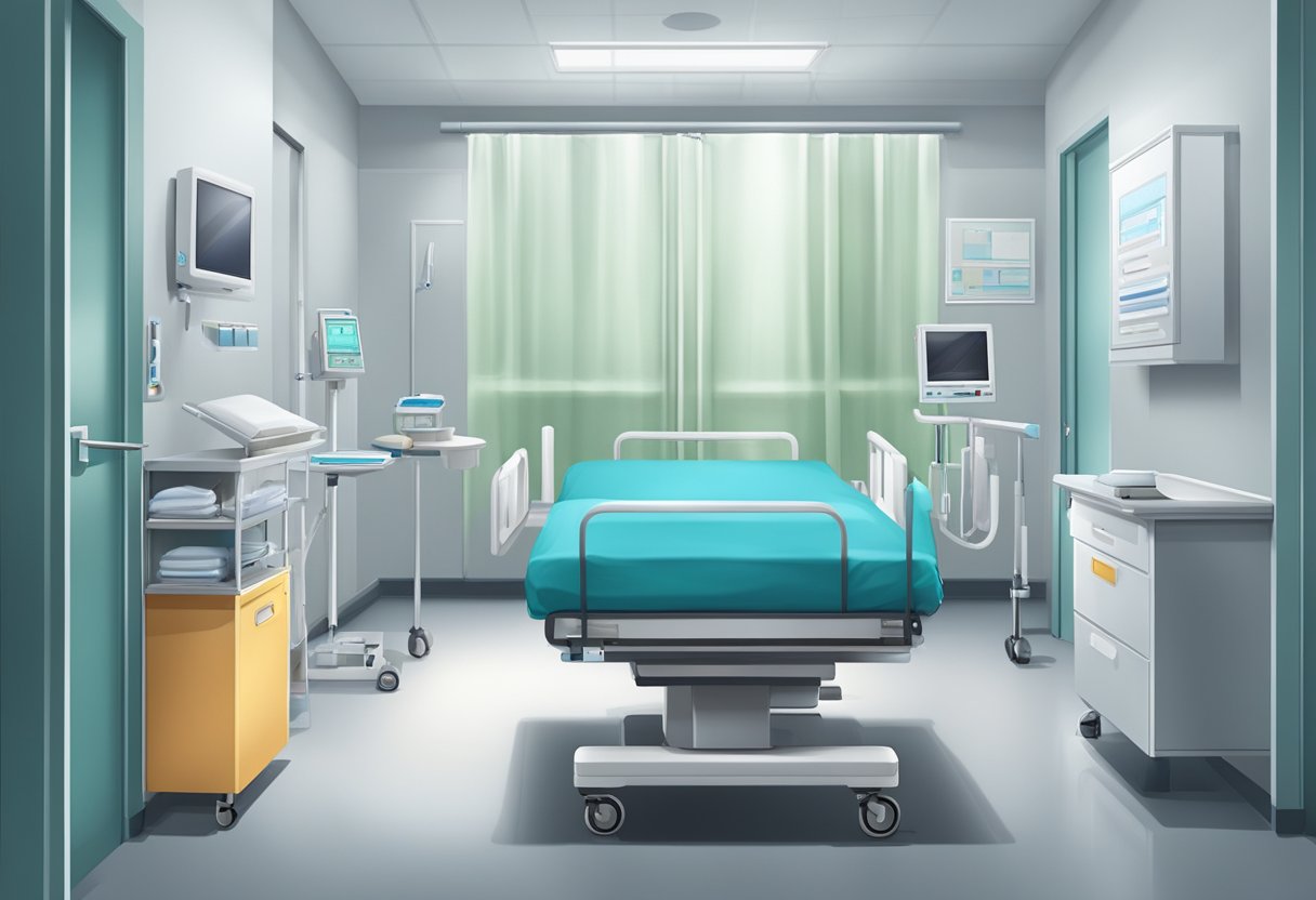 Internação Compulsória de Dependentes Químicos: Desafios e Soluções no Brasil 1 Uma sala de hospital estéril com uma cama, equipamentos médicos e uma porta trancada