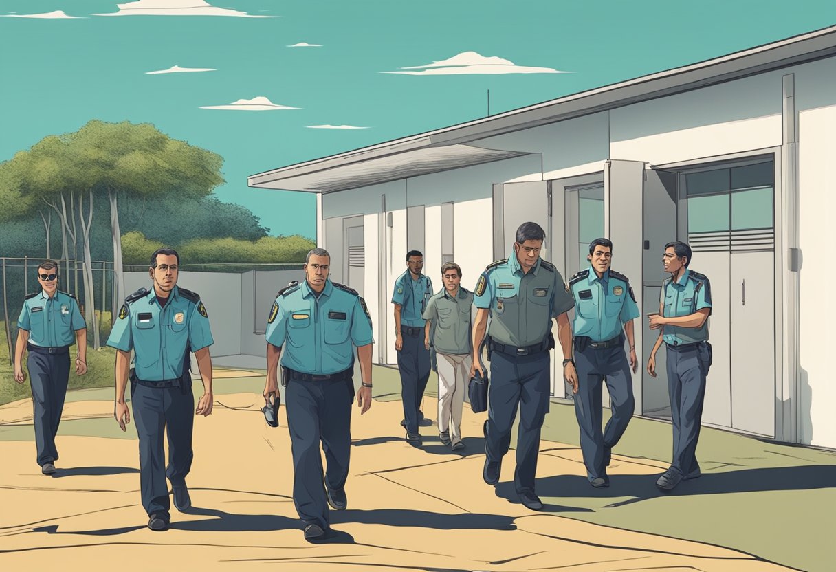 Internação Compulsória de Dependentes Químicos: Desafios e Soluções no Brasil 2 Um grupo de oficiais acompanhando um indivíduo relutante para uma instalação de tratamento para intervenção compulsória em dependência química no Brasil.