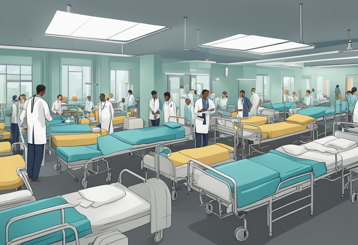 Internação Compulsória de Dependentes Químicos: Desafios e Soluções no Brasil 3 Uma enfermaria hospitalar lotada com leitos ocupados por indivíduos em tratamento compulsório para dependência química.