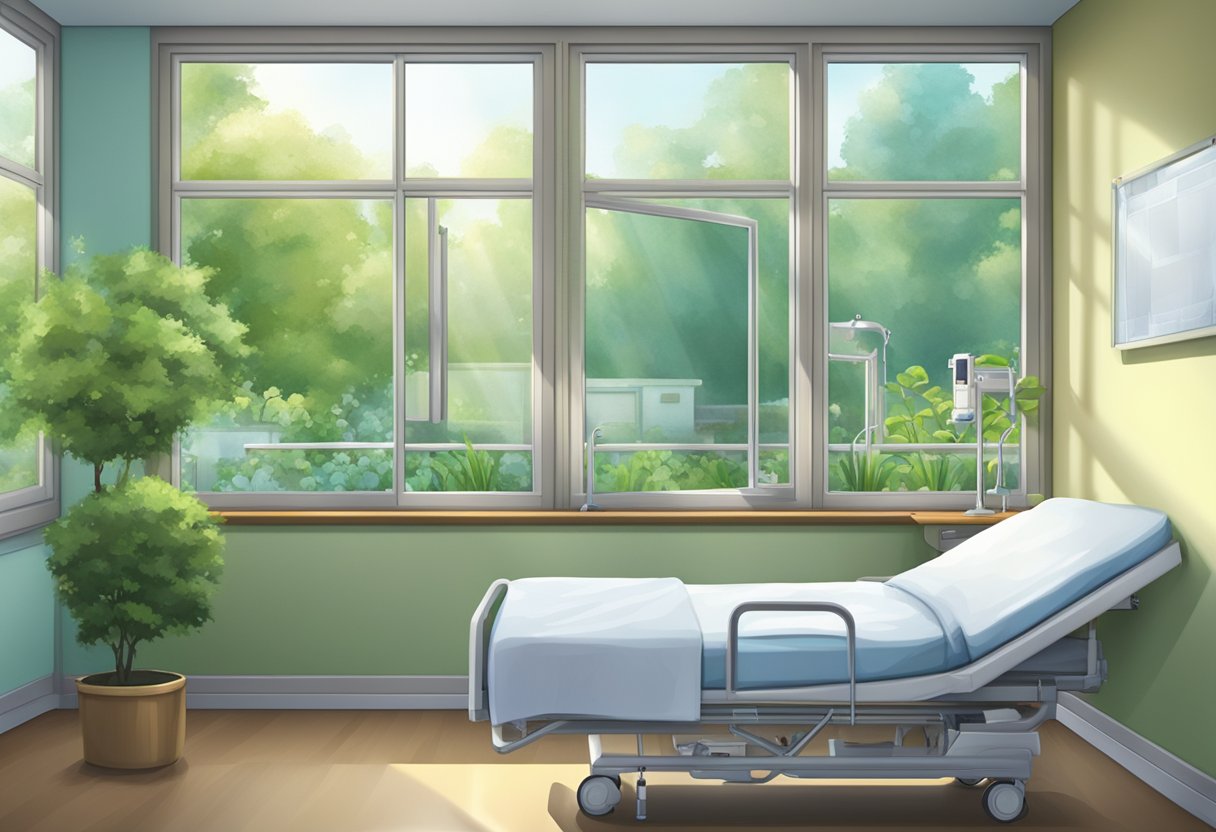 Internação Compulsória de Dependentes Químicos: Desafios e Soluções no Brasil 4 Um quarto de hospital estéril com uma cama, equipamentos médicos e uma janela com vista para um jardim tranquilo