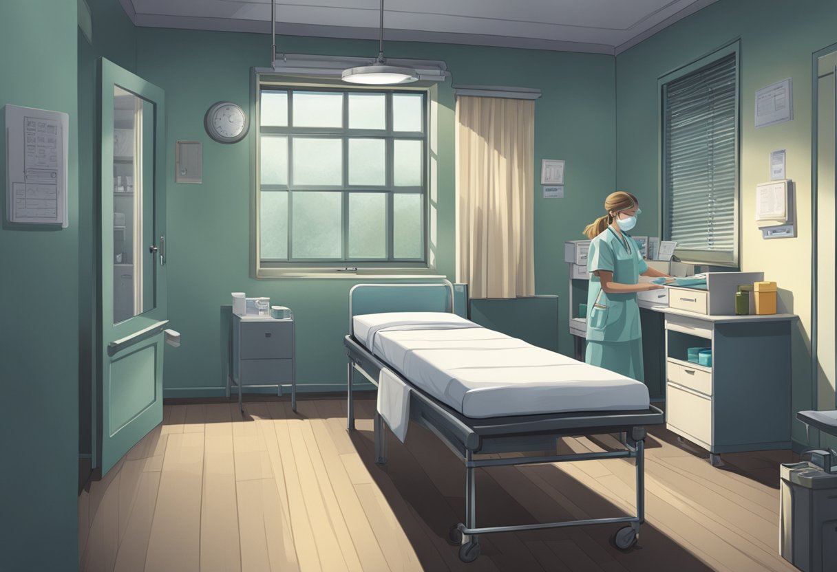 Internação Compulsória de Dependentes Químicos: Desafios e Soluções no Brasil 5 Uma sala sombria e estéril com uma única cama e janelas com grades. Um armário trancado guarda medicamentos enquanto uma enfermeira faz anotações em uma mesa.