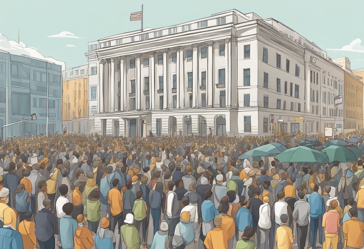 Internação Compulsória de Dependentes Químicos: Desafios e Soluções no Brasil 6 Uma rua movimentada da cidade com uma fila de pessoas esperando do lado de fora de um prédio do governo, enquanto outros protestam com cartazes e faixas.