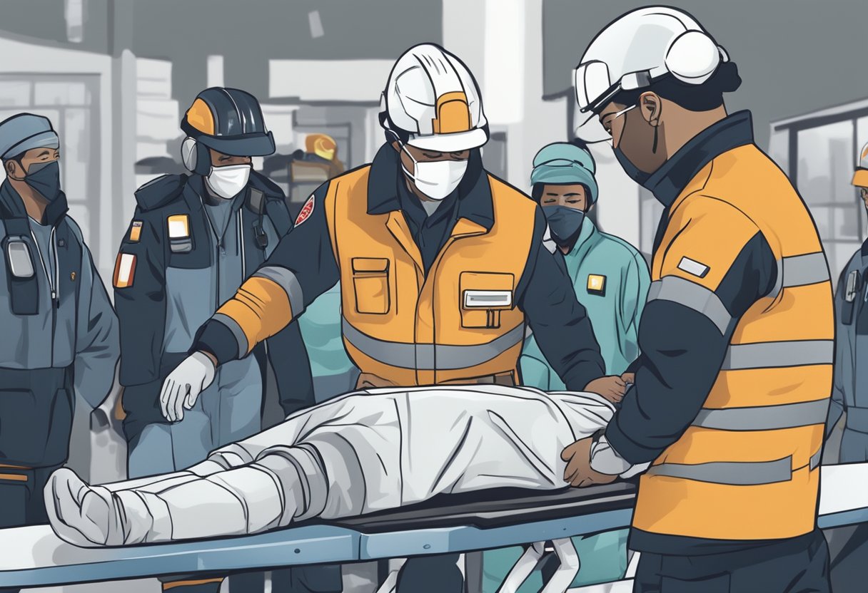 Atendimento de Urgência e Emergência: Guia Esencial para Situações Críticas 1 Um paramédico realizando RCP em um paciente enquanto outro médico prepara uma maca. A cena é caótica, mas focada, com equipamentos médicos espalhados ao redor.