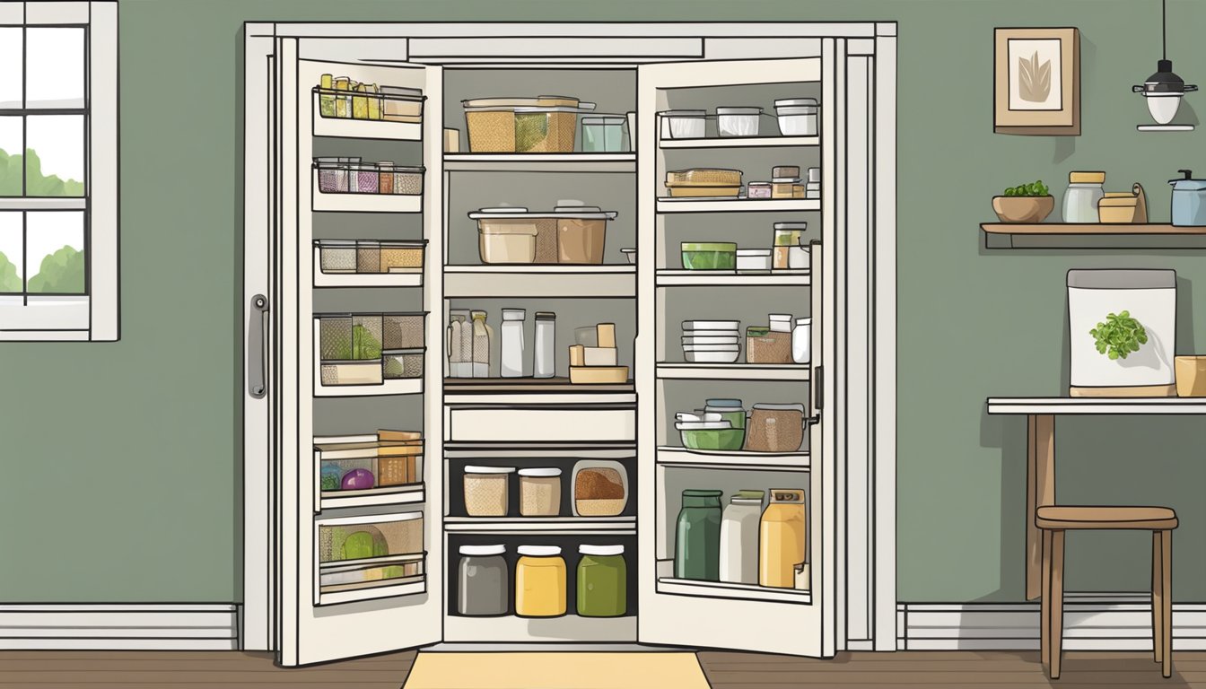 A pantry door with a hanging organizer filled with kitchen items