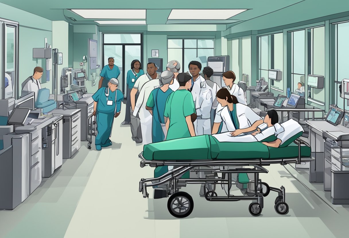 Atendimento de Urgência e Emergência: Guia Esencial para Situações Críticas 2 Uma sala de emergência movimentada, com profissionais de saúde atendendo pacientes em macas e cadeiras de rodas, cercados por equipamentos médicos e monitores.