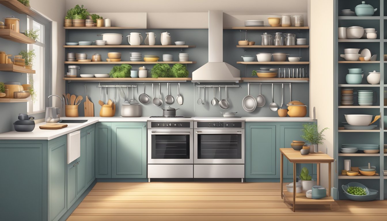 A kitchen with adjustable shelving holding neatly organized cooking supplies and tableware for a dinner party