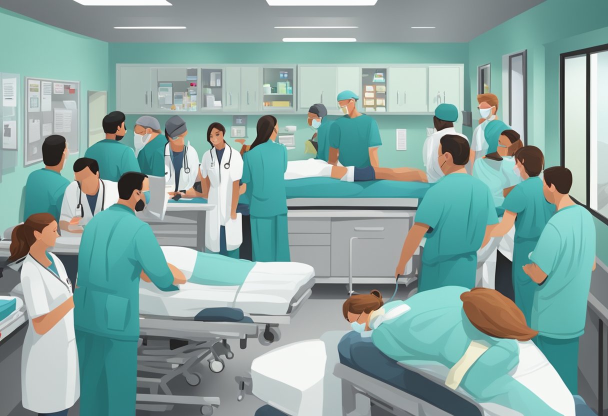 Atendimento de Urgência e Emergência: Guia Esencial para Situações Críticas 4 Uma sala de emergência lotada com profissionais de saúde atendendo a múltiplos pacientes