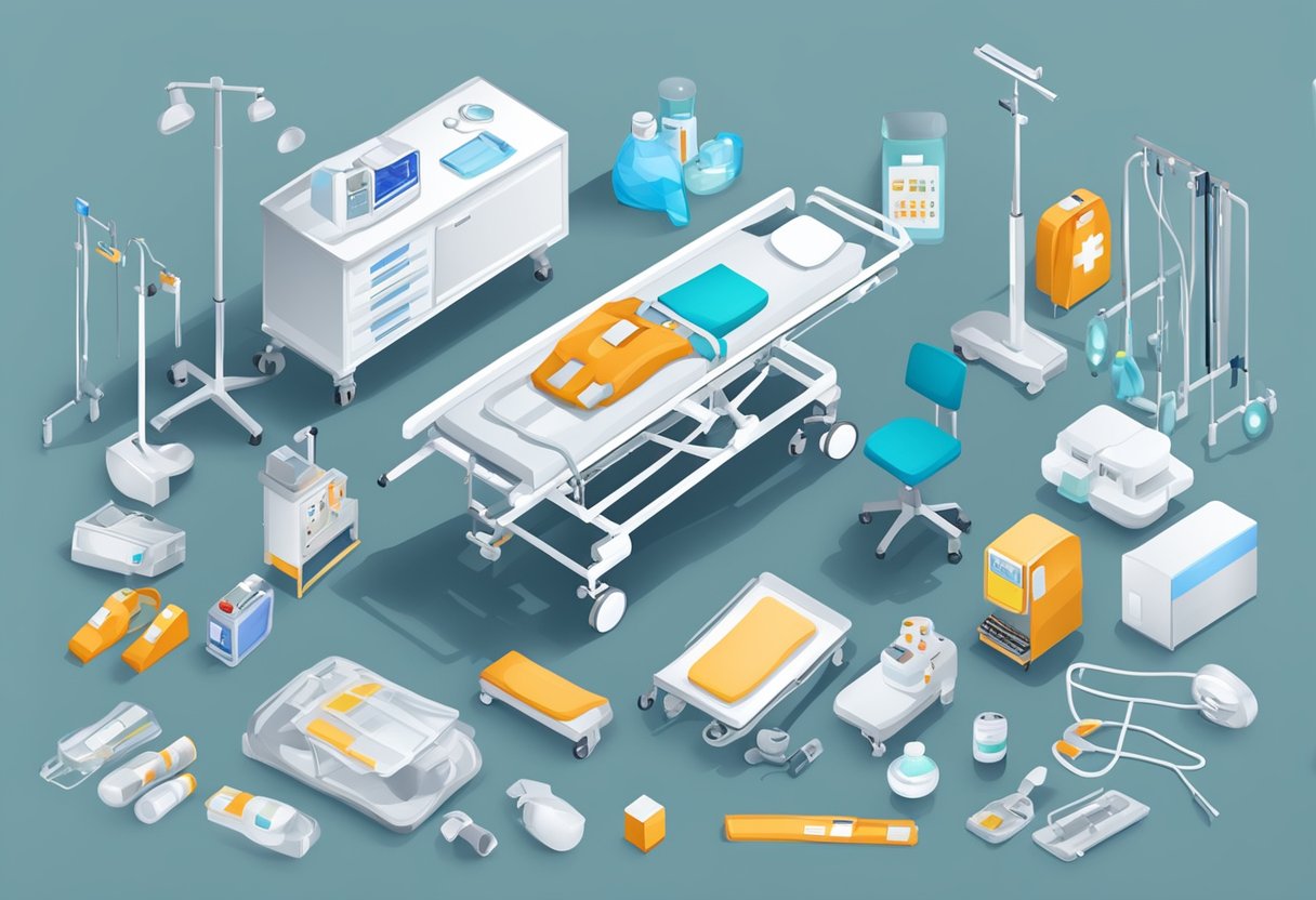 Atendimento de Urgência e Emergência: Guia Esencial para Situações Críticas 5 Equipamentos e suprimentos médicos espalhados em uma maca hospitalar durante uma resposta de emergência
